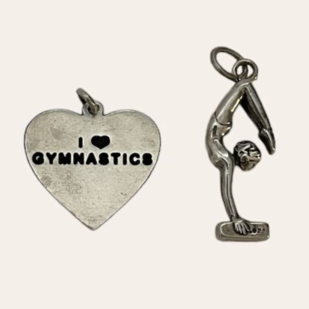 Sterling Silver Charm Set of 2 Gymnast on Beam & Heart 925 Gymnastics Jewelry
